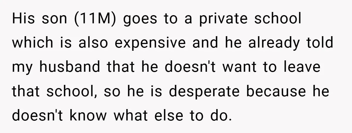 His son (11M) goes to a private school which is also expensive and he already told my husband that he doesn't want to leave that school, so he is desperate...