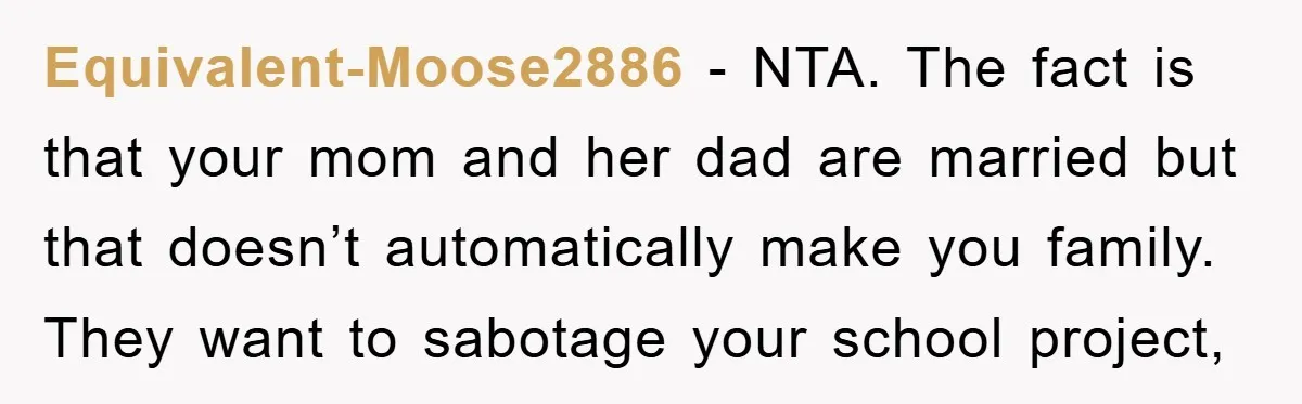 Equivalent-Moose2886 - NTA. The fact is that your mom and her dad are married but that doesn’t automatically make you family. They want to sabotage your school project,