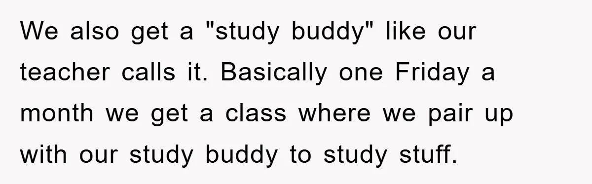 We also get a "study buddy" like our teacher calls it. Basically one Friday a month we get a class where we pair up with our study buddy to study...
