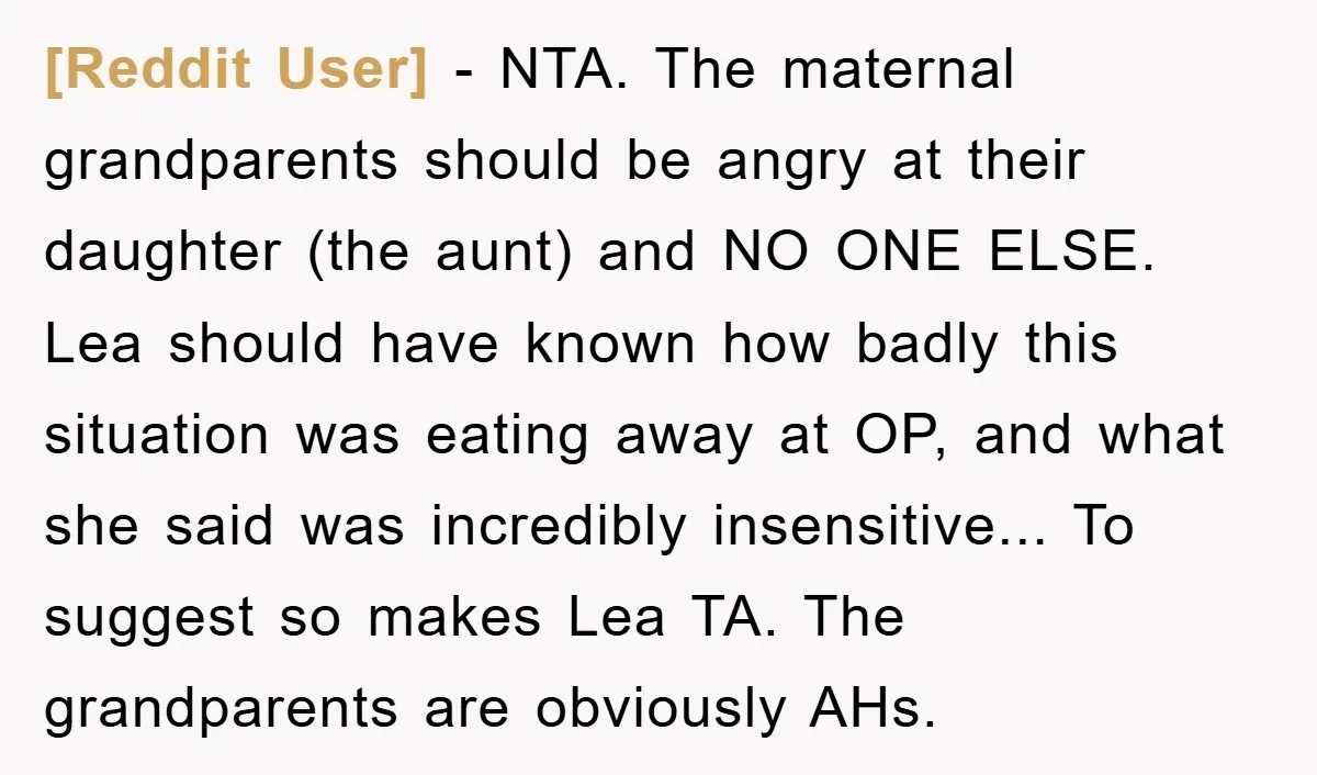 [Reddit User] - NTA. The maternal grandparents should be angry at their daughter (the aunt) and NO ONE ELSE. Lea should have known how badly this situation was eating away...
