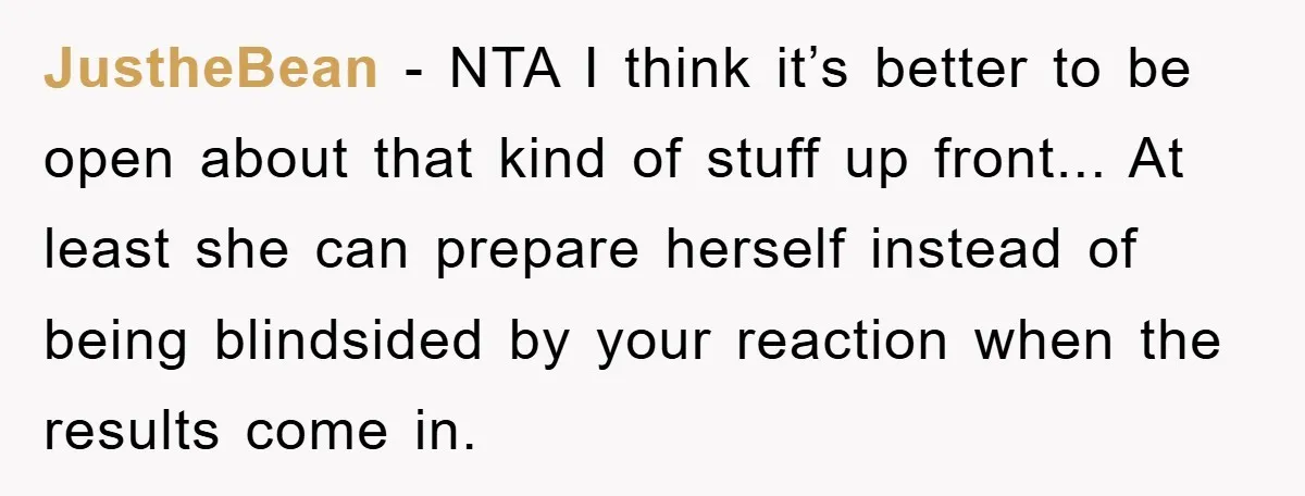 JustheBean - NTA I think it’s better to be open about that kind of stuff up front... At least she can prepare herself instead of being blindsided by your reaction...