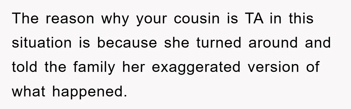 The reason why your cousin is TA in this situation is because she turned around and told the family her exaggerated version of what happened.