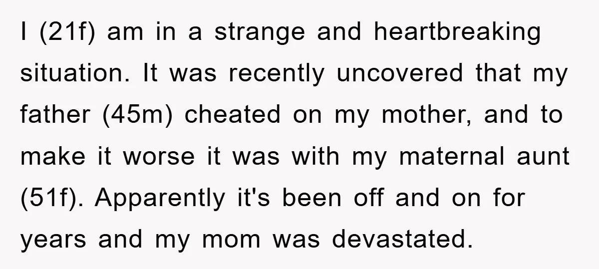 I (21f) am in a strange and heartbreaking situation. It was recently uncovered that my father (45m) cheated on my mother, and to make it worse it was with my...