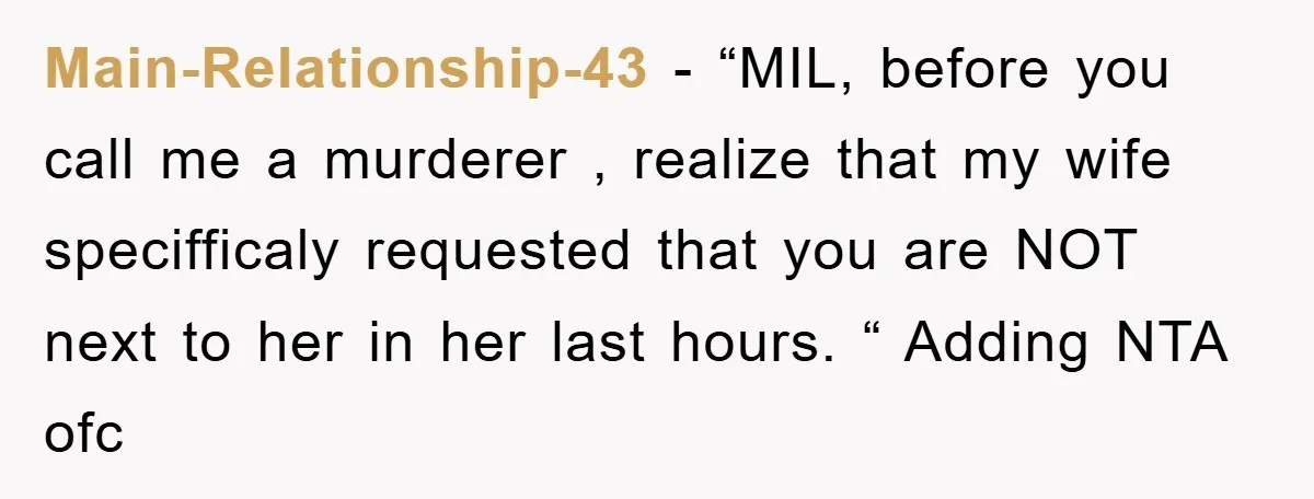 Main-Relationship-43 − “MIL, before you call me a murderer , realize that my wife specifficaly requested that you are NOT next to her in her last hours. “ Adding NTA...