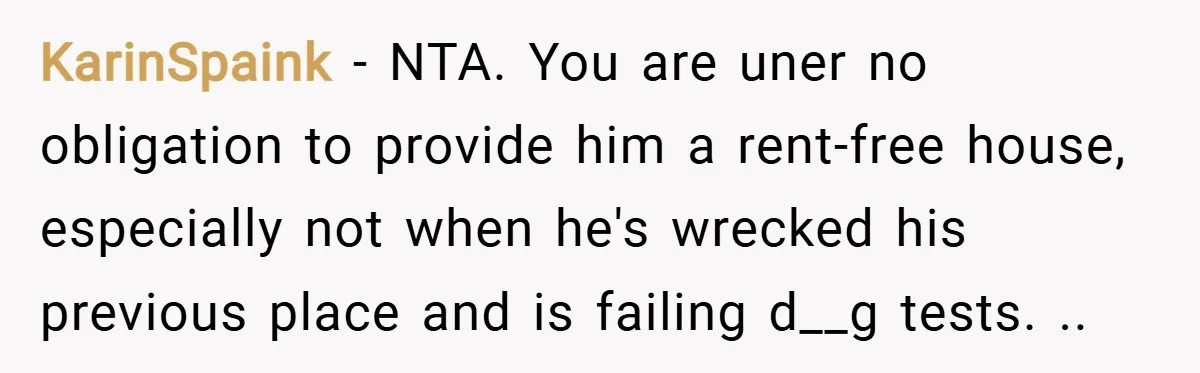KarinSpaink − NTA. You are uner no obligation to provide him a rent-free house, especially not when he's wrecked his previous place and is failing d__g tests. ..