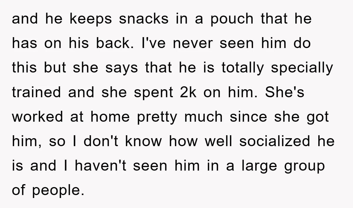 and he keeps snacks in a pouch that he has on his back. I've never seen him do this but she says that he is totally specially trained and she...