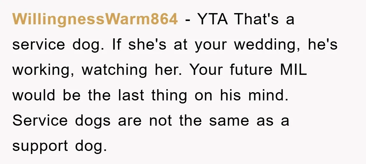 WillingnessWarm864 − YTA That's a service dog. If she's at your wedding, he's working, watching her. Your future MIL would be the last thing on his mind. Service dogs are...