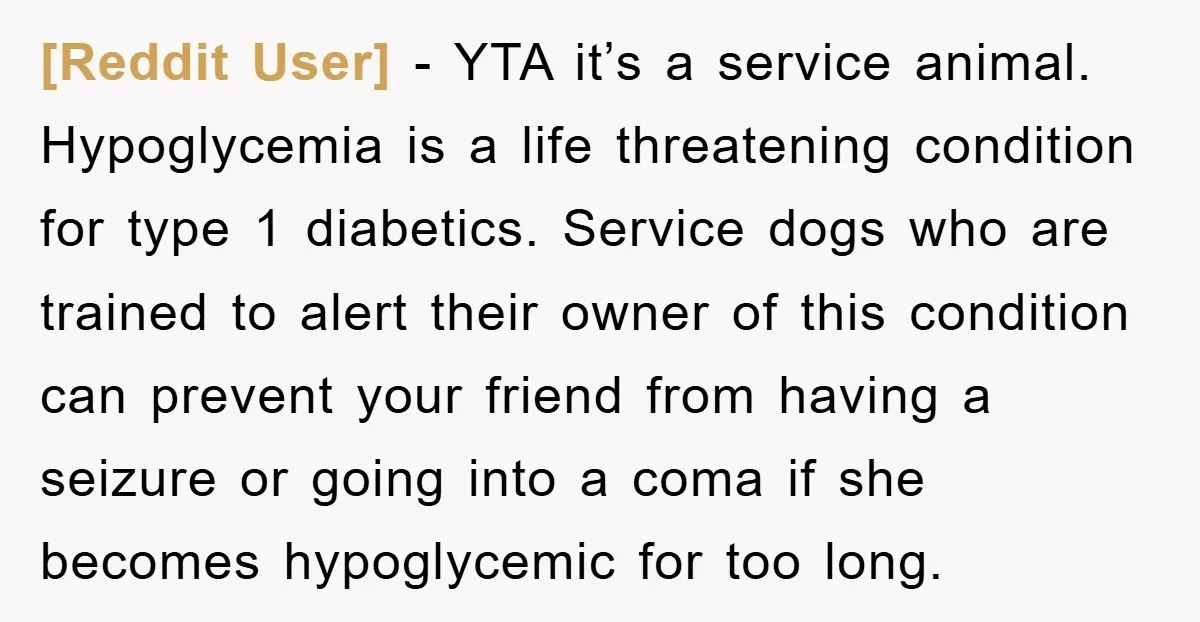 [Reddit User] − YTA it’s a service animal. Hypoglycemia is a life threatening condition for type 1 diabetics. Service dogs who are trained to alert their owner of this condition...