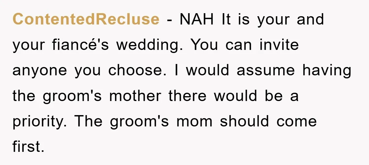 ContentedRecluse − NAH It is your and your fiancé's wedding. You can invite anyone you choose. I would assume having the groom's mother there would be a priority. The groom's...