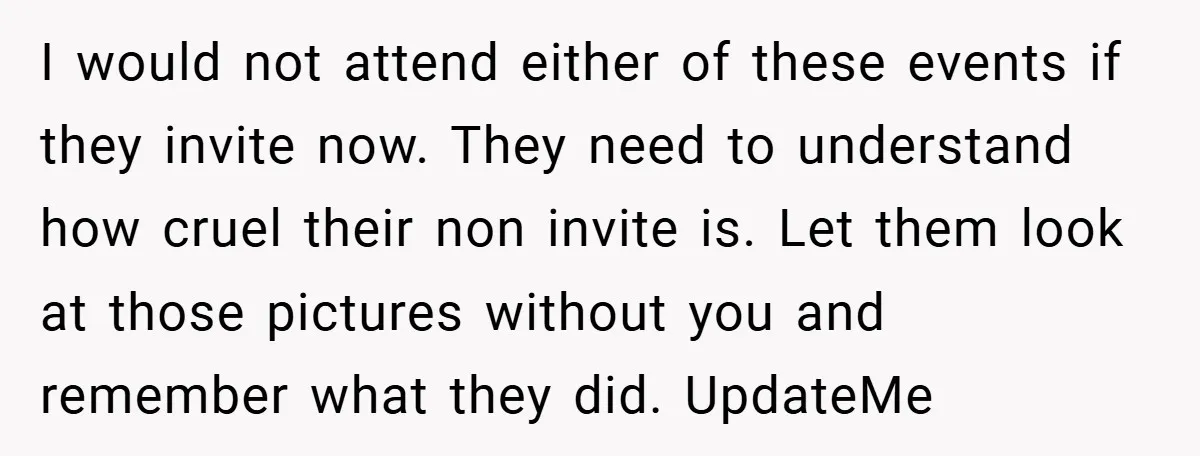 I would not attend either of these events if they invite now. They need to understand how cruel their non invite is. Let them look at those pictures without you...
