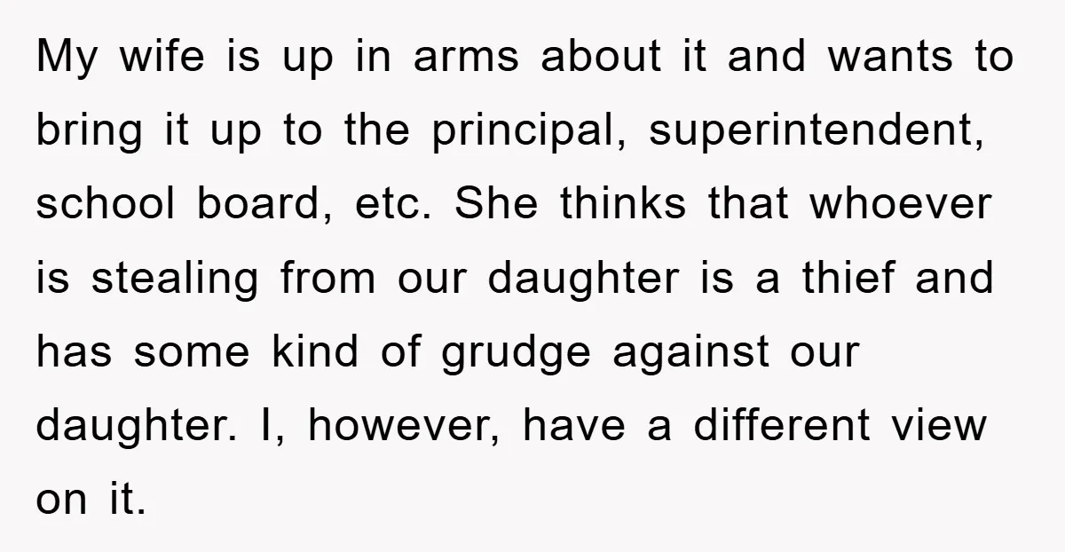 My wife is up in arms about it and wants to bring it up to the principal, superintendent, school board, etc. She thinks that whoever is stealing from our daughter...