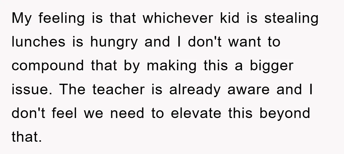 My feeling is that whichever kid is stealing lunches is hungry and I don't want to compound that by making this a bigger issue. The teacher is already aware and...