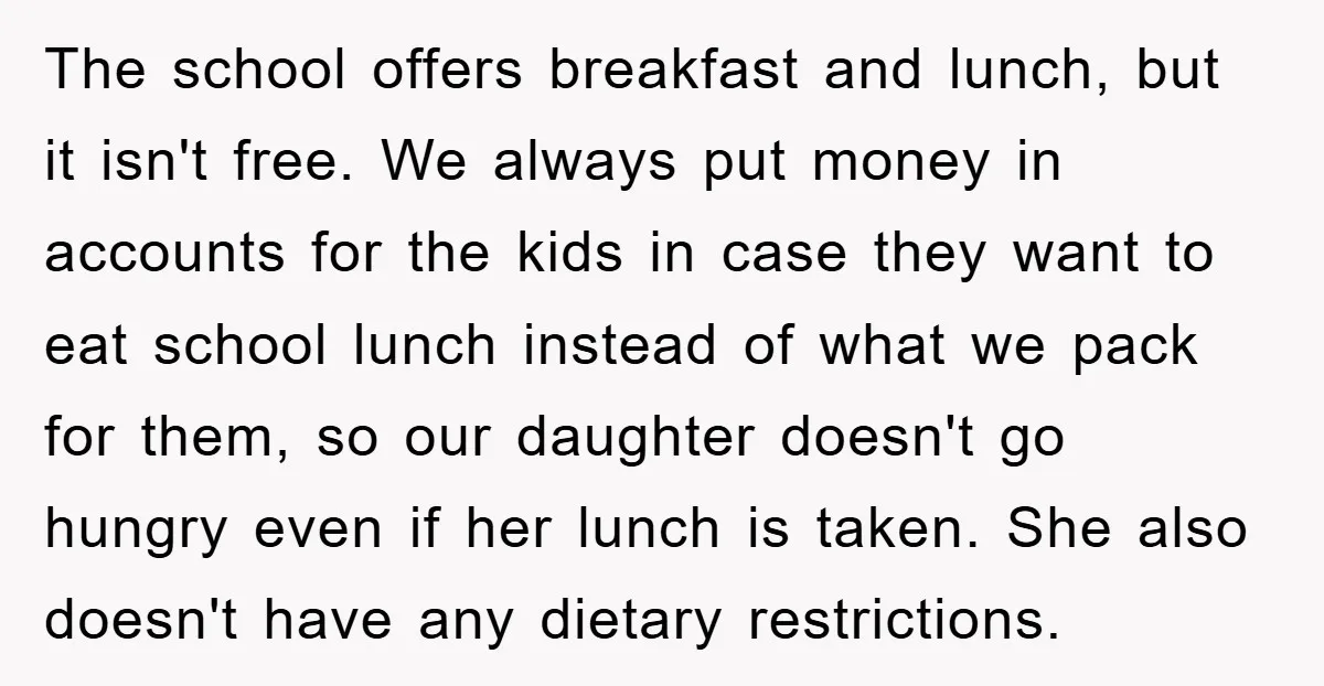 The school offers breakfast and lunch, but it isn't free. We always put money in accounts for the kids in case they want to eat school lunch instead of what...