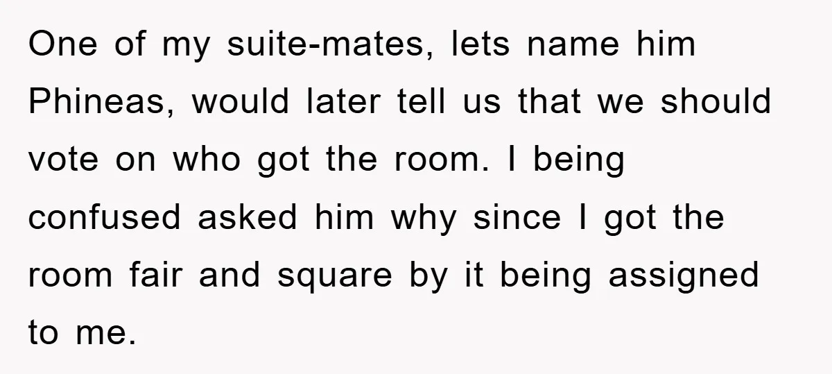 One of my suite-mates, lets name him Phineas, would later tell us that we should vote on who got the room. I being confused asked him why since I got...