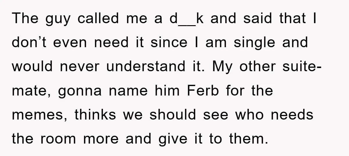 The guy called me a d__k and said that I don’t even need it since I am single and would never understand it. My other suite-mate, gonna name him Ferb...