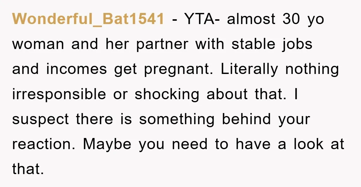 Wonderful_Bat1541 - YTA- almost 30 yo woman and her partner with stable jobs and incomes get pregnant. Literally nothing irresponsible or shocking about that. I suspect there is something behind...