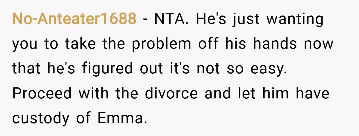 No-Anteater1688 − NTA. He's just wanting you to take the problem off his hands now that he's figured out it's not so easy. Proceed with the divorce and let him...