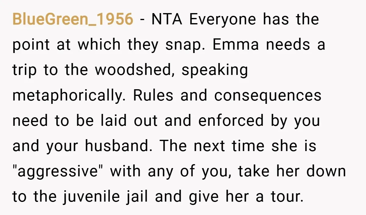 BlueGreen_1956 − NTA Everyone has the point at which they snap. Emma needs a trip to the woodshed, speaking metaphorically. Rules and consequences need to be laid out and enforced...