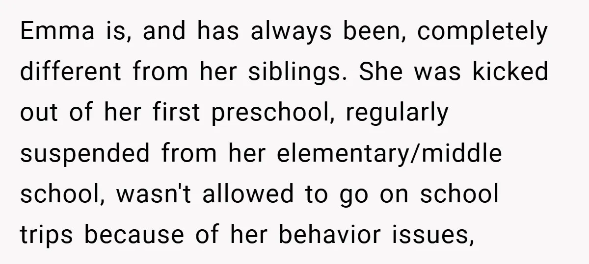 Emma is, and has always been, completely different from her siblings. She was kicked out of her first preschool, regularly suspended from her elementary/middle school, wasn't allowed to go on...