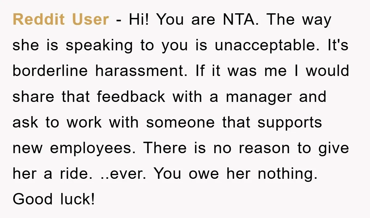 Reddit User - Hi! You are NTA. The way she is speaking to you is unacceptable. It's borderline harassment. If it was me I would share that feedback with a...