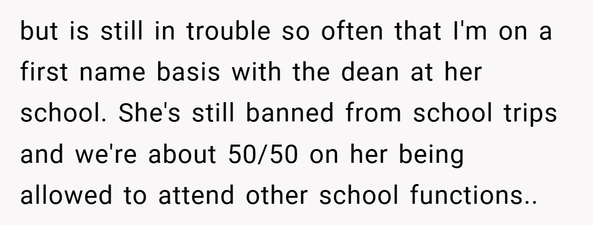 but is still in trouble so often that I'm on a first name basis with the dean at her school. She's still banned from school trips and we're about 50/50...