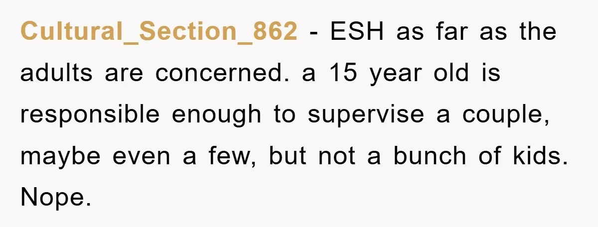 Cultural_Section_862 - ESH as far as the adults are concerned. a 15 year old is responsible enough to supervise a couple, maybe even a few, but not a bunch of...
