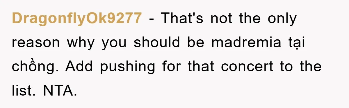 DragonflyOk9277 - That's not the only reason why you should be madremia tại chồng. Add pushing for that concert to the list. NTA.