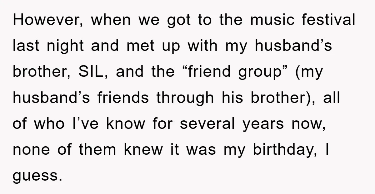 However, when we got to the music festival last night and met up with my husband’s brother, SIL, and the “friend group” (my husband’s friends through his brother), all of...