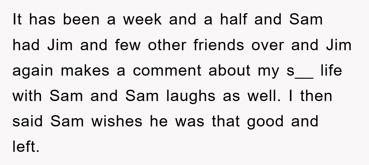 It has been a week and a half and Sam had Jim and few other friends over and Jim again makes a comment about my s__ life with Sam and...