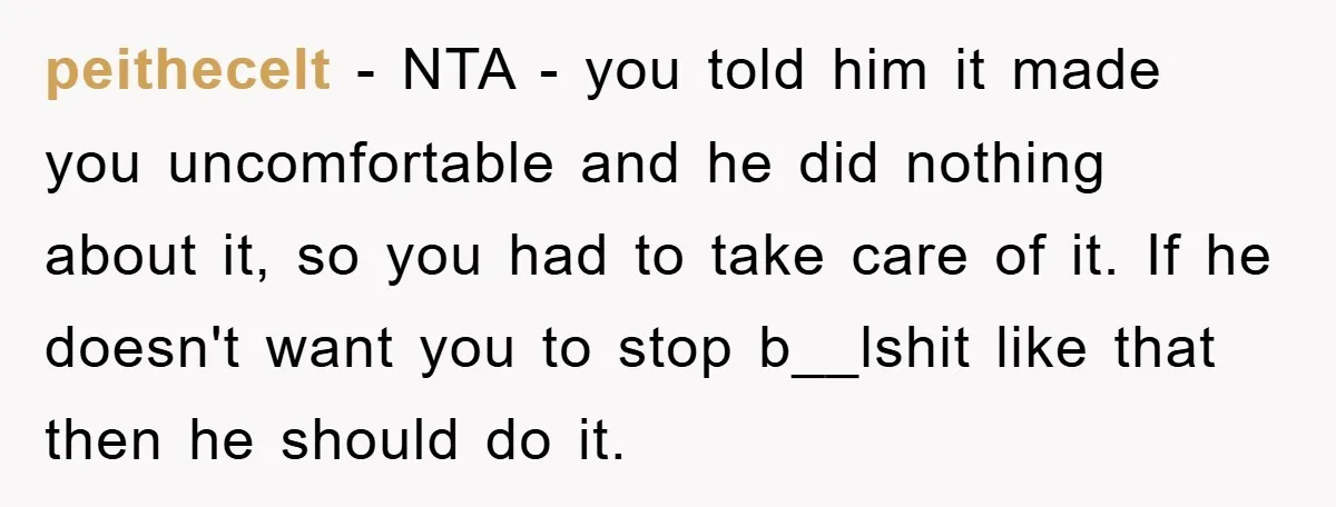 peithecelt − NTA - you told him it made you uncomfortable and he did nothing about it, so you had to take care of it. If he doesn't want you...