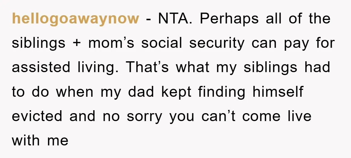 hellogoawaynow - NTA. Perhaps all of the siblings + mom’s social security can pay for assisted living. That’s what my siblings had to do when my dad kept finding himself...
