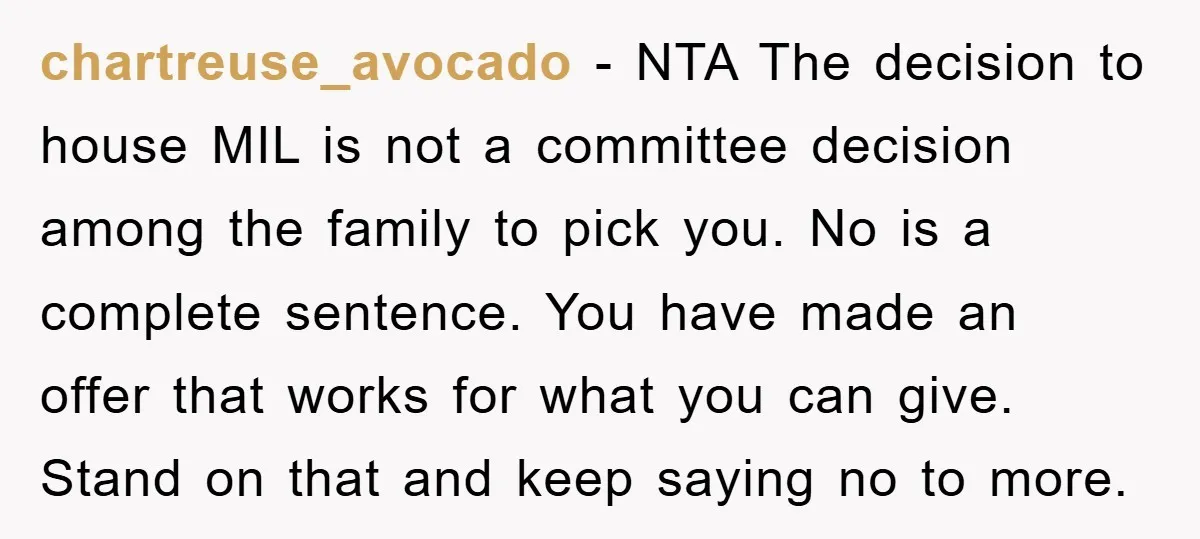 chartreuse_avocado - NTA The decision to house MIL is not a committee decision among the family to pick you. No is a complete sentence. You have made an offer that...