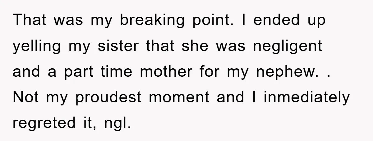 That was my breaking point. I ended up yelling my sister that she was negligent and a part time mother for my nephew. . Not my proudest moment and I...
