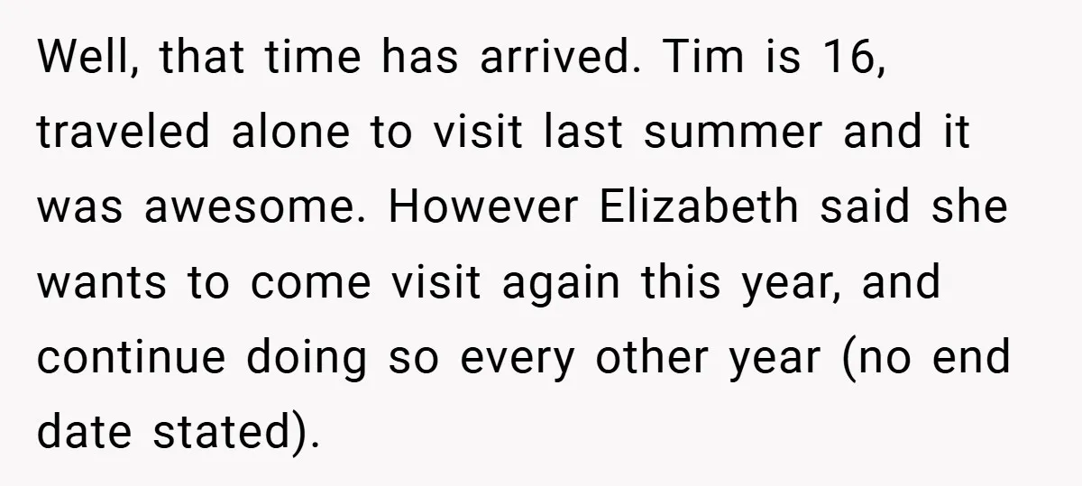 Well, that time has arrived. Tim is 16, traveled alone to visit last summer and it was awesome. However Elizabeth said she wants to come visit again this year, and...