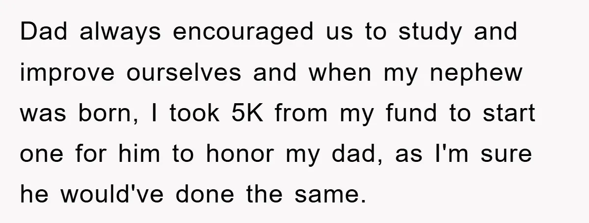 Dad always encouraged us to study and improve ourselves and when my nephew was born, I took 5K from my fund to start one for him to honor my dad,...
