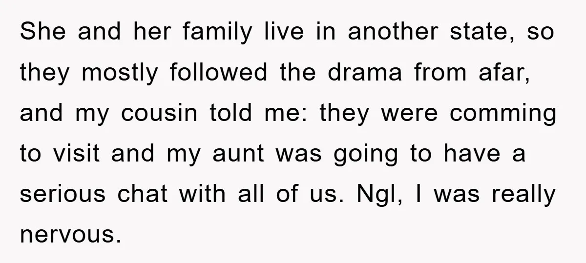She and her family live in another state, so they mostly followed the drama from afar, and my cousin told me: they were comming to visit and my aunt was...