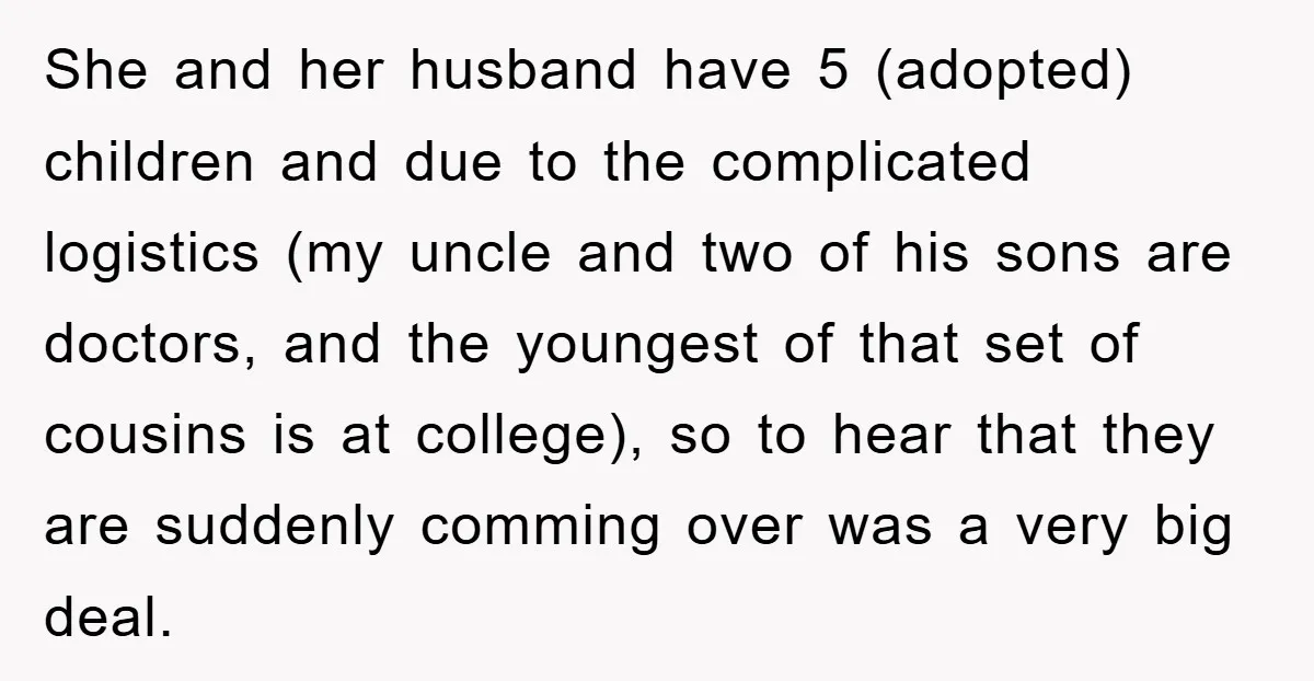 She and her husband have 5 (adopted) children and due to the complicated logistics (my uncle and two of his sons are doctors, and the youngest of that set of...