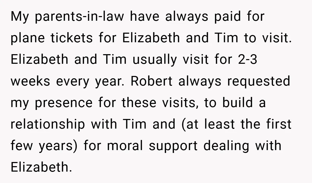 My parents-in-law have always paid for plane tickets for Elizabeth and Tim to visit. Elizabeth and Tim usually visit for 2-3 weeks every year. Robert always requested my presence for...