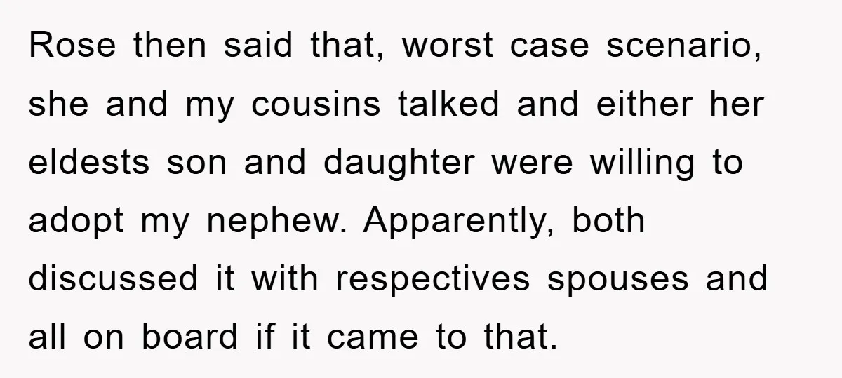Rose then said that, worst case scenario, she and my cousins talked and either her eldests son and daughter were willing to adopt my nephew. Apparently, both discussed it with...