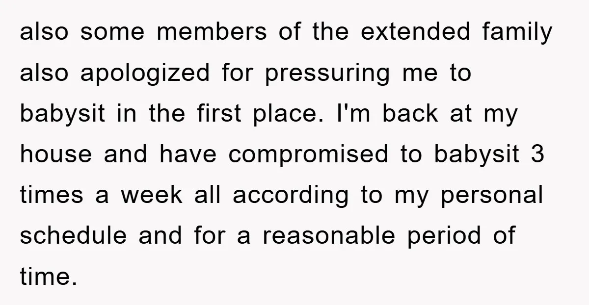 also some members of the extended family also apologized for pressuring me to babysit in the first place. I'm back at my house and have compromised to babysit 3 times...
