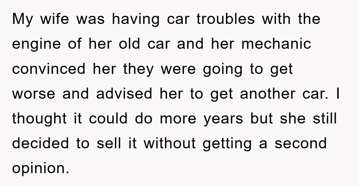 My wife was having car troubles with the engine of her old car and her mechanic convinced her they were going to get worse and advised her to get another...