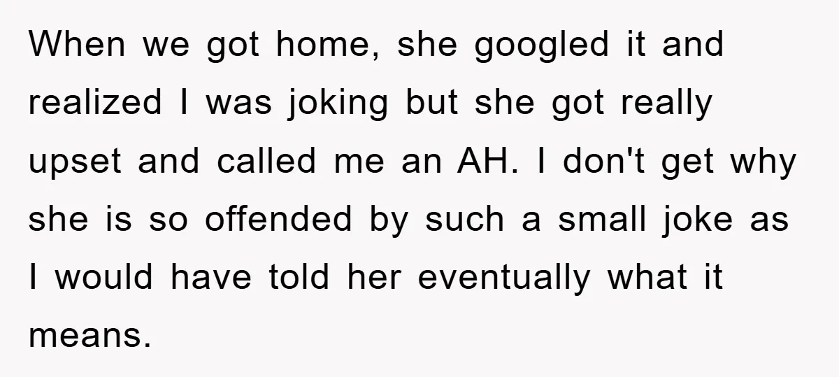 When we got home, she googled it and realized I was joking but she got really upset and called me an AH. I don't get why she is so offended...