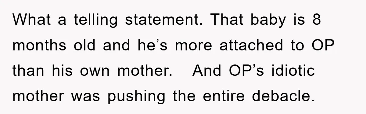 What a telling statement. That baby is 8 months old and he’s more attached to OP than his own mother.   And OP’s idiotic mother was pushing the entire debacle.