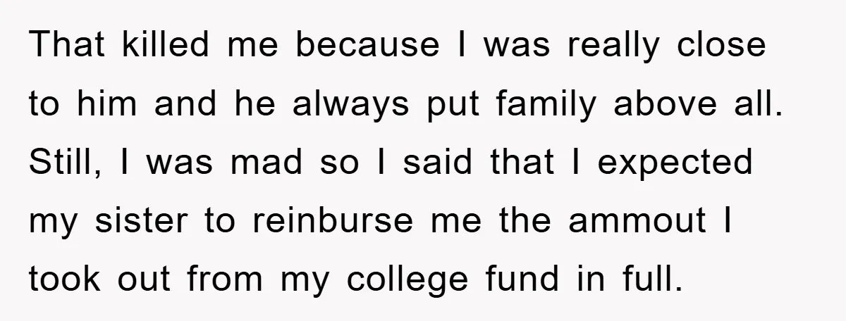 That killed me because I was really close to him and he always put family above all. Still, I was mad so I said that I expected my sister to...