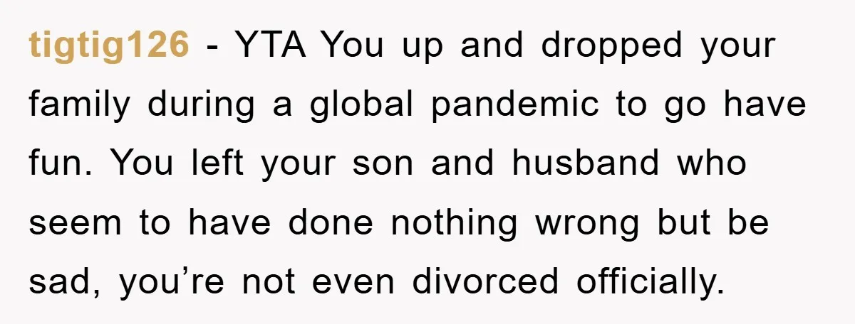 tigtig126 - YTA You up and dropped your family during a global pandemic to go have fun. You left your son and husband who seem to have done nothing wrong...