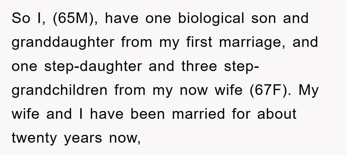 So I, (65M), have one biological son and granddaughter from my first marriage, and one step-daughter and three step-grandchildren from my now wife (67F). My wife and I have been...