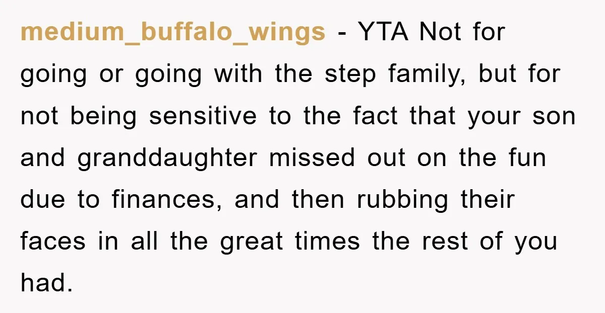 medium_buffalo_wings − YTA Not for going or going with the step family, but for not being sensitive to the fact that your son and granddaughter missed out on the fun...