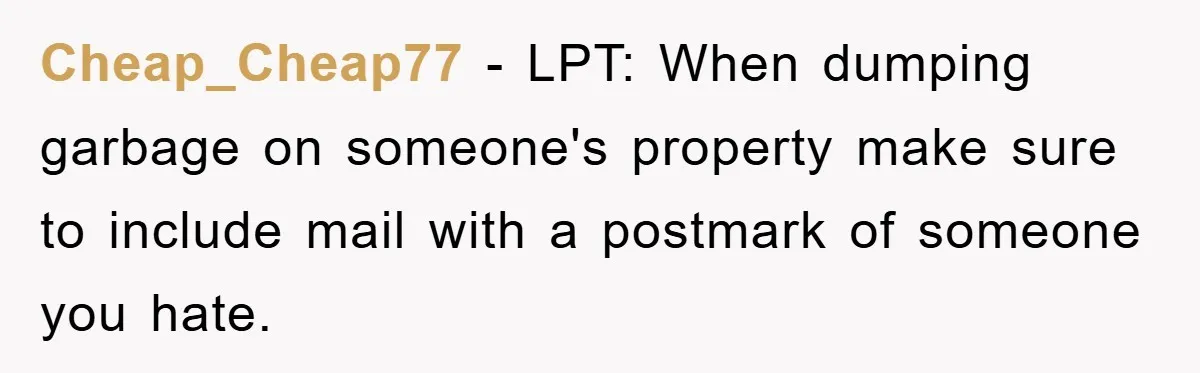 Cheap_Cheap77 − LPT: When dumping garbage on someone's property make sure to include mail with a postmark of someone you hate.