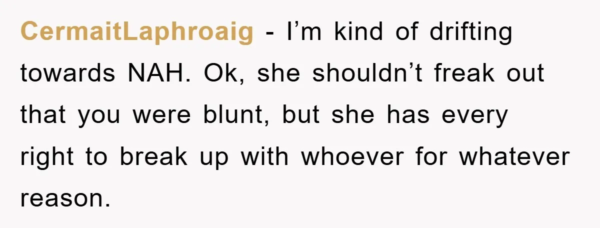 CermaitLaphroaig - I’m kind of drifting towards NAH. Ok, she shouldn’t freak out that you were blunt, but she has every right to break up with whoever for whatever reason.