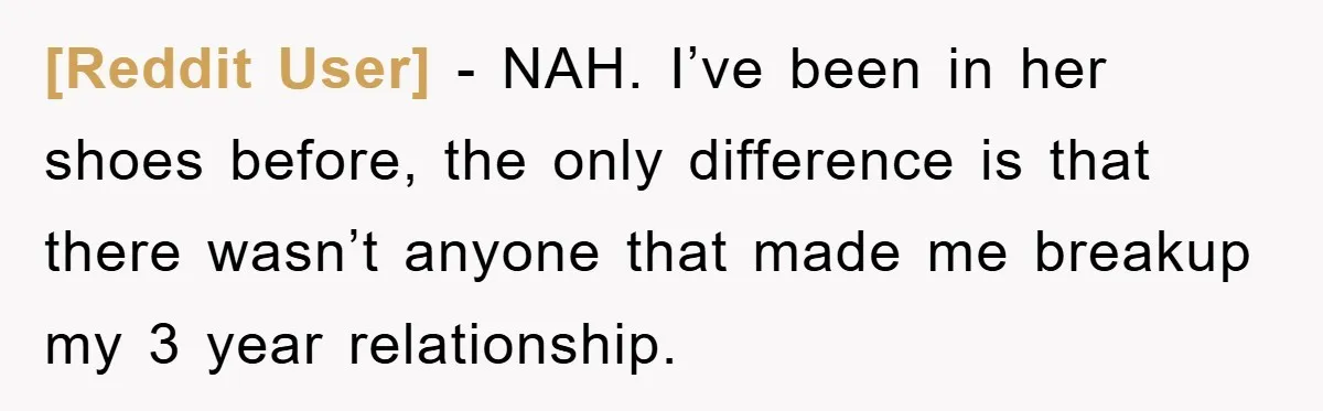 [Reddit User] - NAH. I’ve been in her shoes before, the only difference is that there wasn’t anyone that made me breakup my 3 year relationship.
